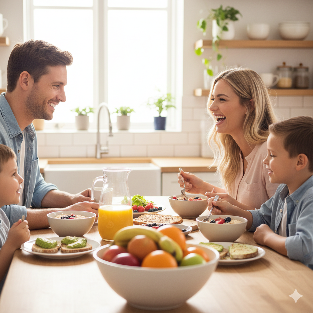Five people walking together along a bustling city street, surrounded by buildings and urban scenery.